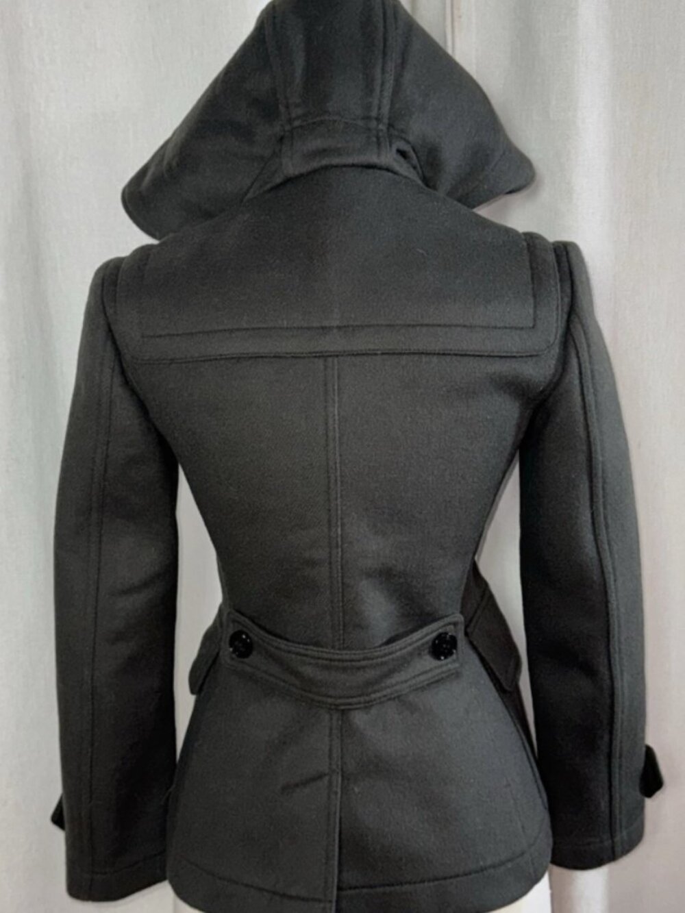 Burberry Olive Hooded Wool Toggle Pea Coat with Check Hood Lining - Picture 12 of 16
